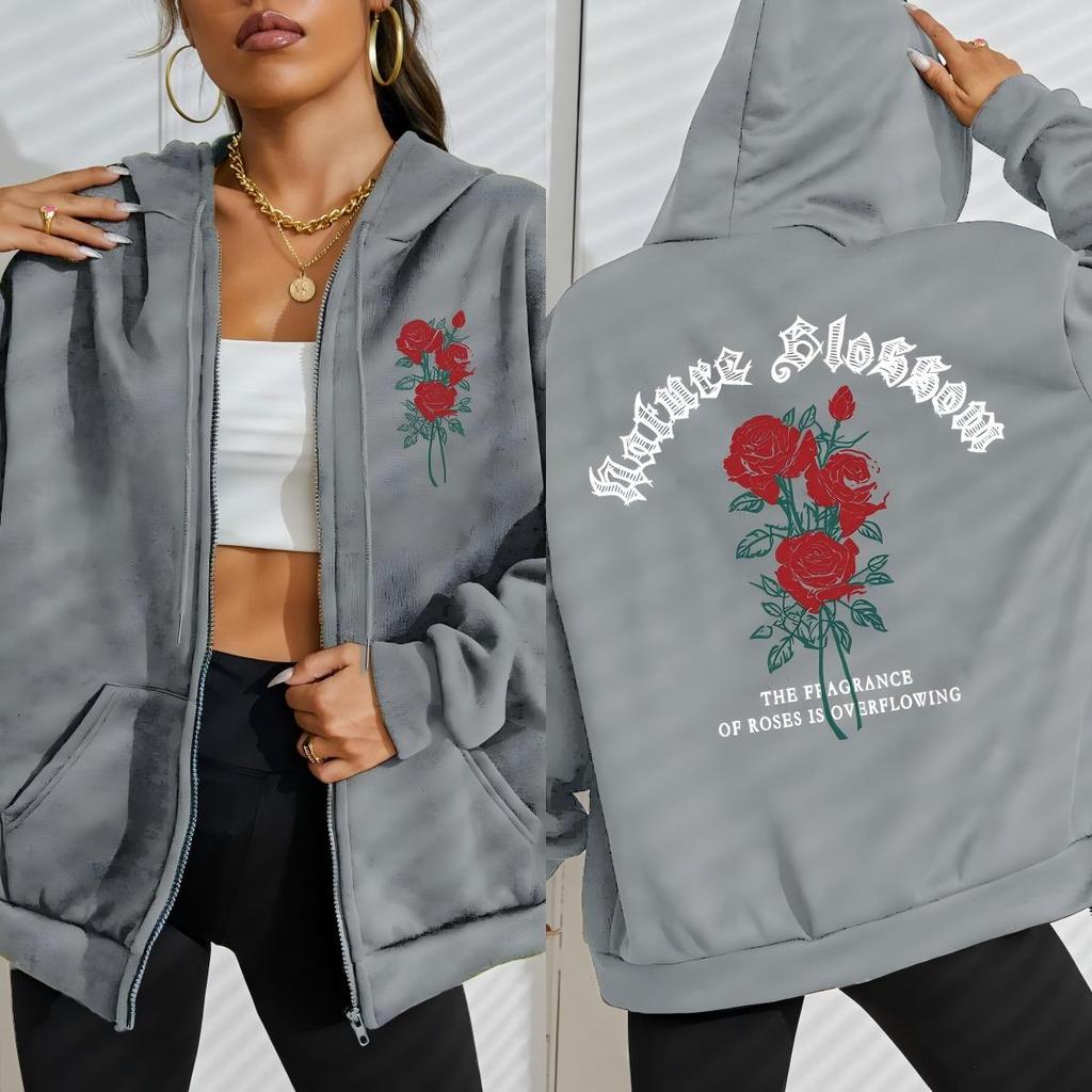 Nature Blooming The Roses Flower Prints Zipper Hoodies Women Casual All-Match Hoodie Loose Sportswear Clothing
