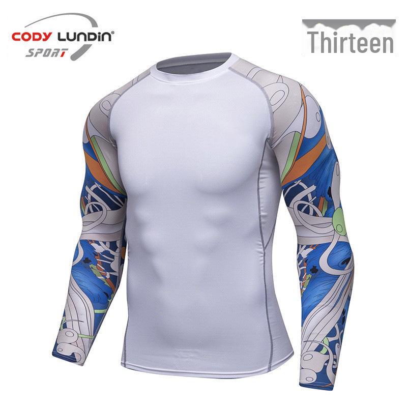 Мужская компрессионная футболка для бега с длинным рукавом и принтом, влагоотводящая, A038