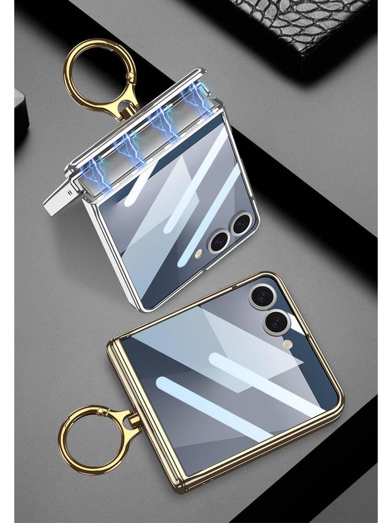 Samsung Z Flip7 Transparent Phone Case with Integrated Ring Buckle and Full-Cover Hinged Hard Shell
