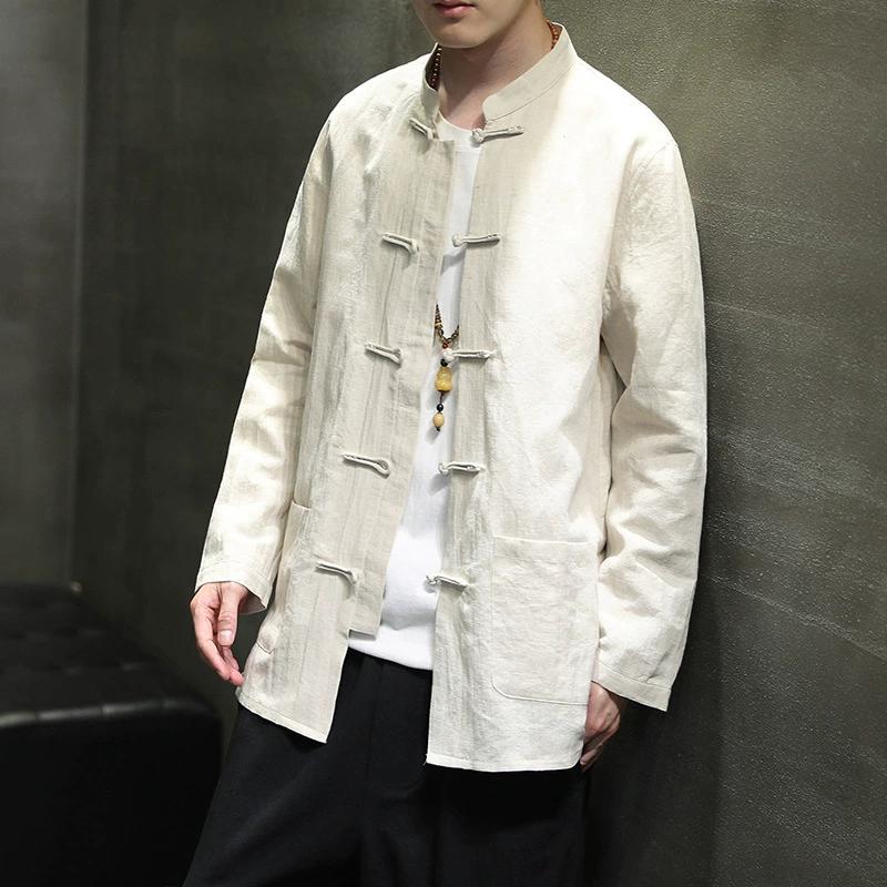 Китайская рубашка мужская хлопковая льняная рубашка Тан костюм верхняя часть весна осень длинный рукав кунг-фу рубашка традиционная мужская блузка