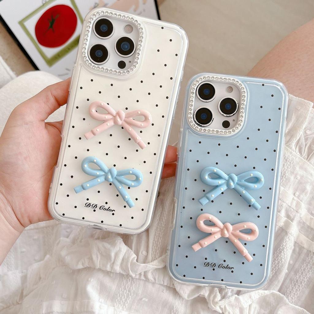 Don't want to refuel, Ins niche black polka dot bow phone case suitable for Apple 15 ProMax premium