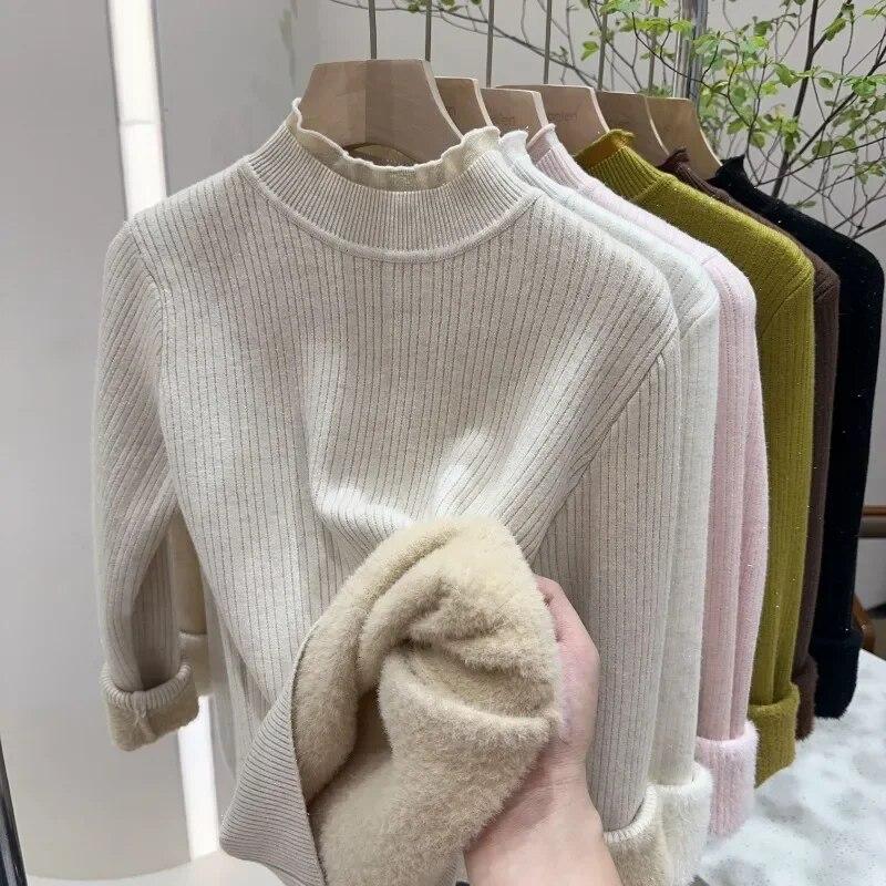 Осенне-зимние толстые плюшевые бархатные свитера, женские кружевные вязаные джемперы с полувысоким воротником, повседневные однотонные теплые пуловеры 29787