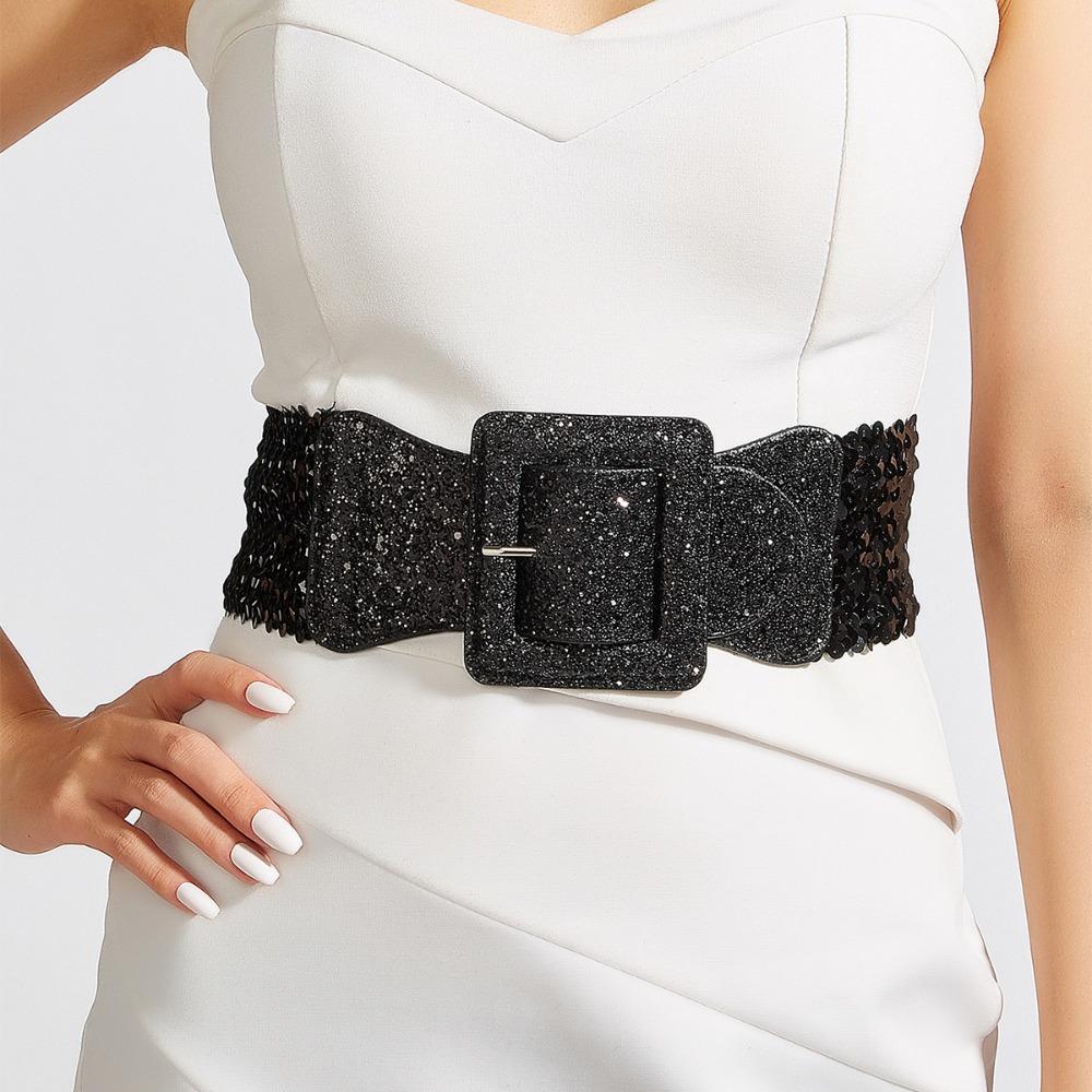 Shiny Elastic Cummerbunds Metal Square Buckle Waist Corset Belts Personality Wide Belt  Ladies