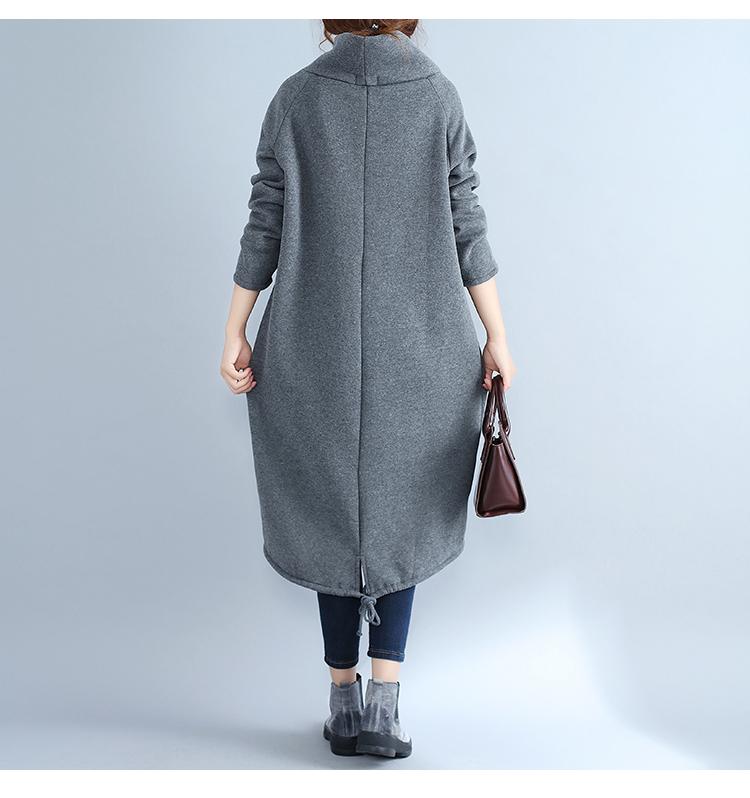 2017 Этнический стиль Большой размер Хлопково-льняное платье на флисовой подкладке с высоким воротником