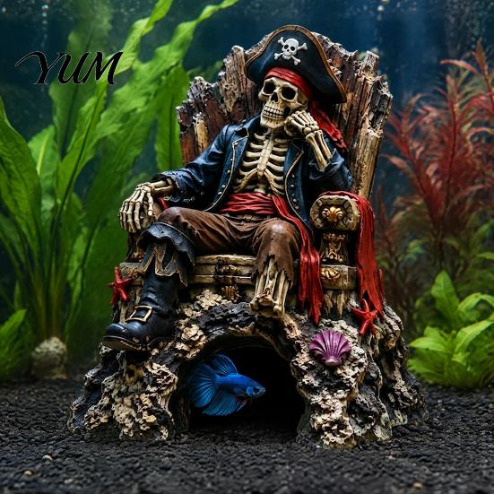 Aquarium Pirate Skull Decorations Skeleton Throne Ornament, Resin Fish Tank Hideout Cave for Small Accessories Fish, Realistic King Castle Decor