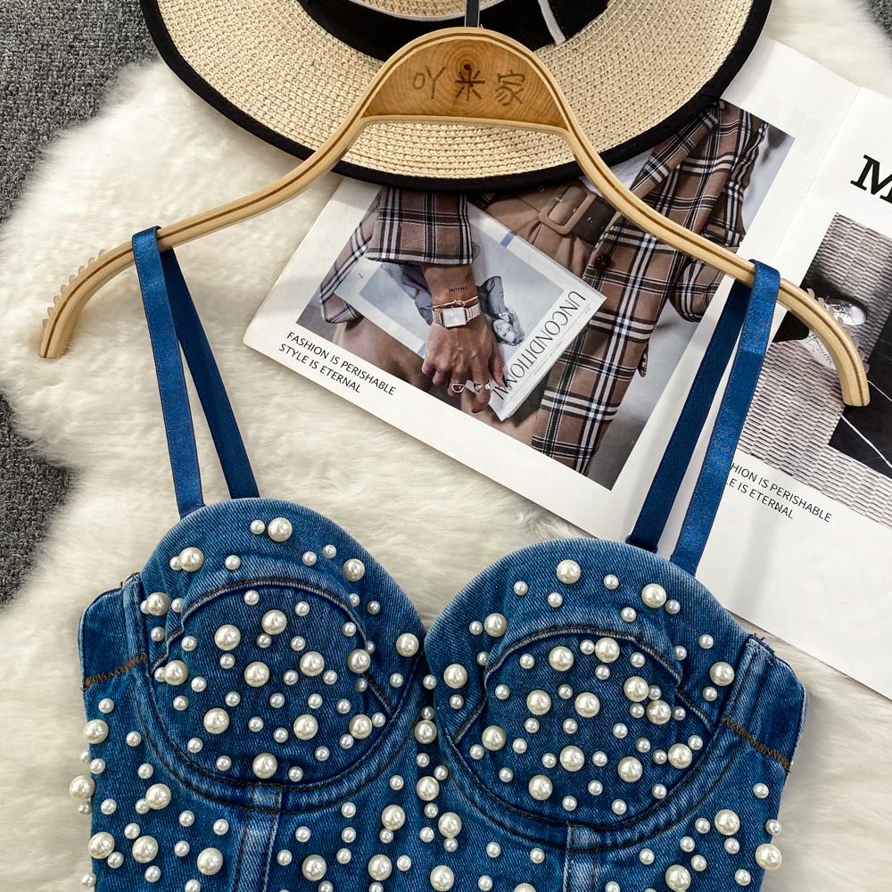 Летний женский сексуальный клубный джинсовый бюстгальтер на бретельках, роскошный бюстгальтер-поло с жемчугом и бисером, облегающее Корректирующее белье для танцев