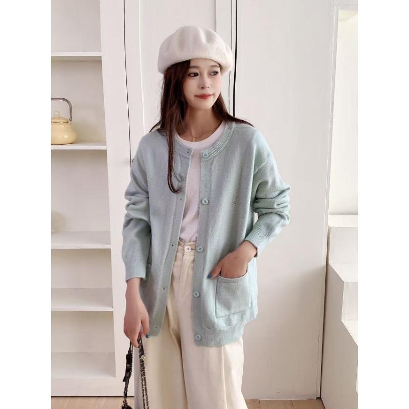 Осень и зима новый повседневный свободный кардиган с вышивкой и круглым вырезом, универсальный мягкий восковой однобортный свитер, женское пальто