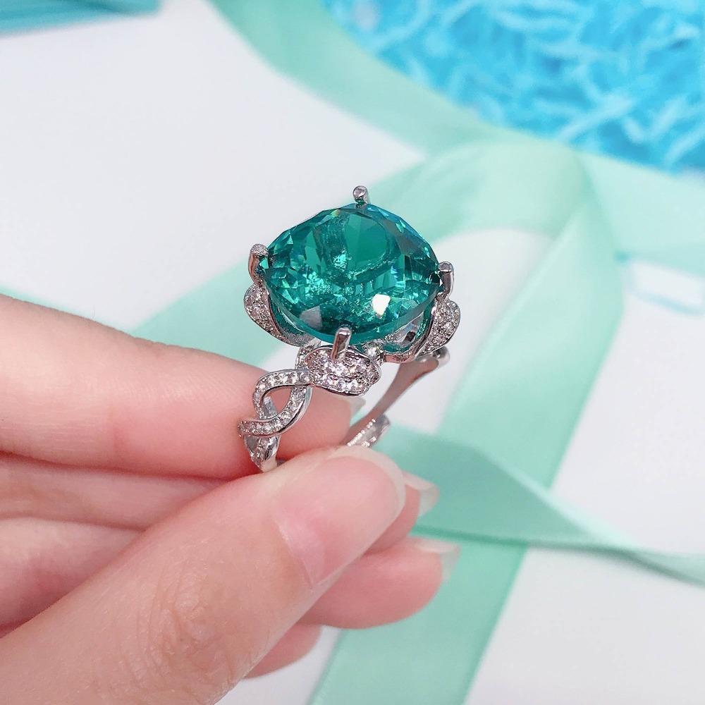 15ct Simulated Aquamarine Topaz Ring for Women Imitation Emerald Square Gemstone Jewelry