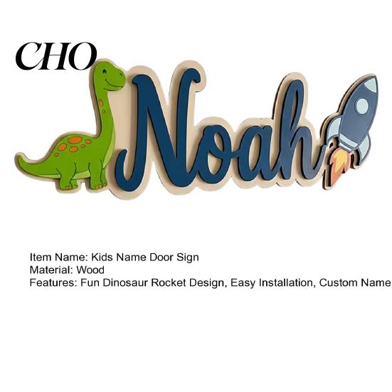 Dinosaur Door Sign Personalized Kids Name Rocket Wooden for Boys Fun Decor Custom Nursery Hanging Wall Bedroom Playroom Soft Color