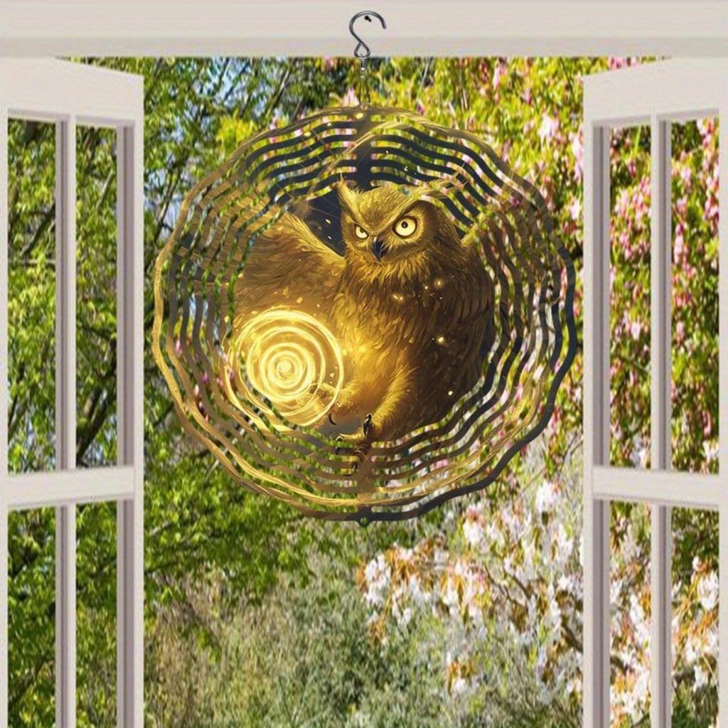 Golden Magic Owl Wind Chime 3D Visual Hanging Outdoor Bird Deterrent Rotating 360 Degree for Garden Patio Wedding Decor No Electricity