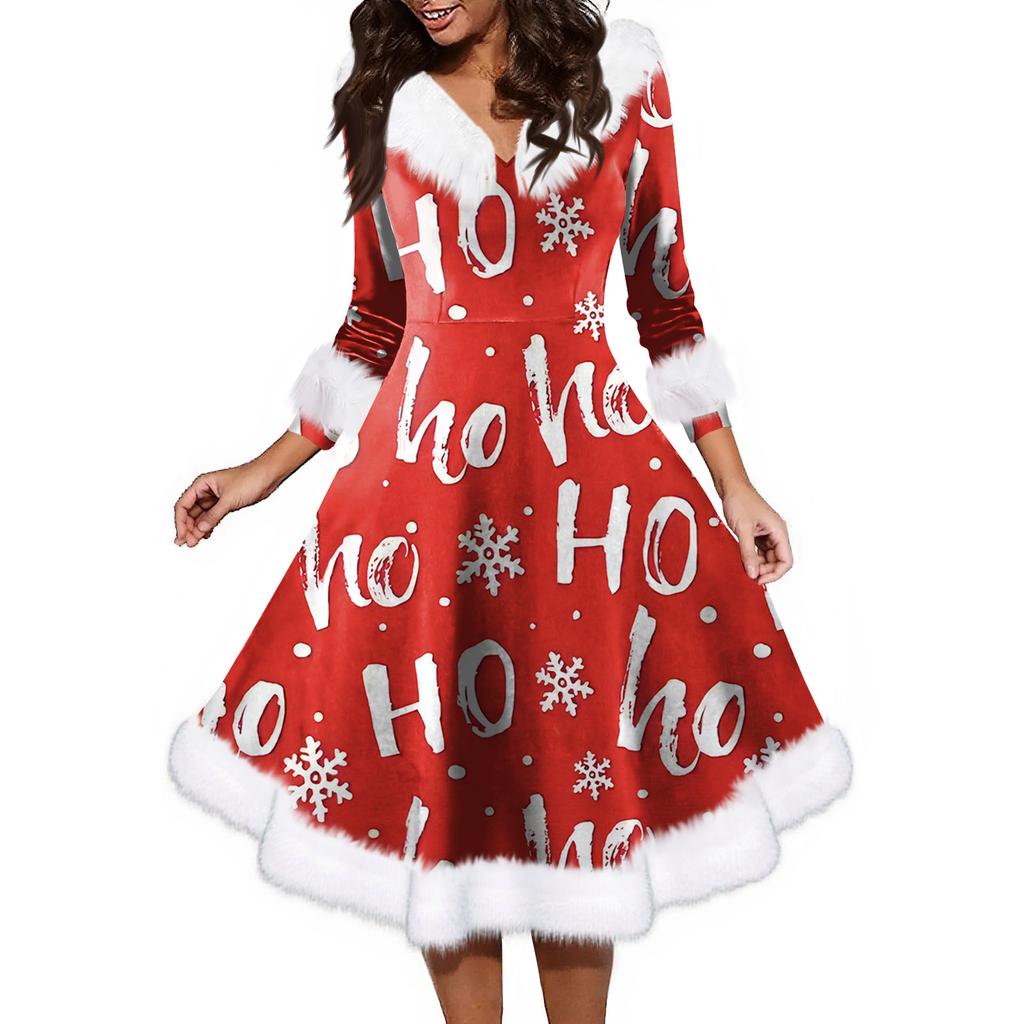 Женское модное повседневное платье с v-образным вырезом и рождественским принтом для вечеринки с длинными рукавами