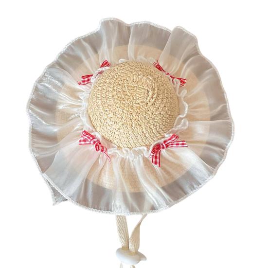 Mini Pet Straw Hat with Lace Adjustable Sun Protection Straw Hat with Bow Handwoven Outdoor Pet Accessory for Small Cats And Dogs