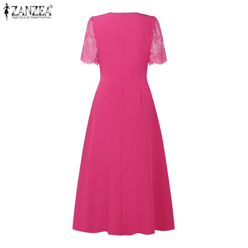 ZANZEA Women Casual Round Neck Short Sleeve Summer Lace Patchwork Dress