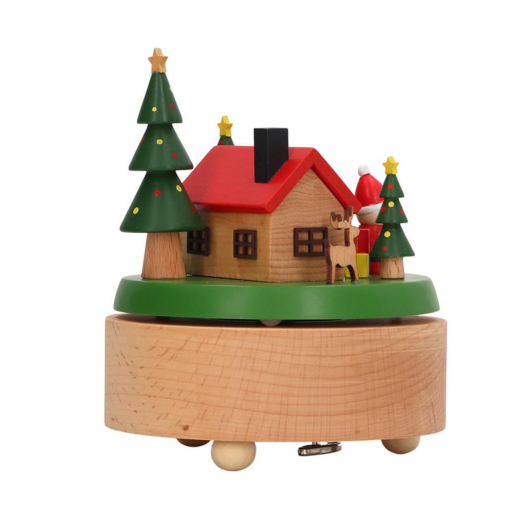 Wooden Rotating Music Box Round Bottom Santa House Christmas Music Box for Decoration Wooden Round