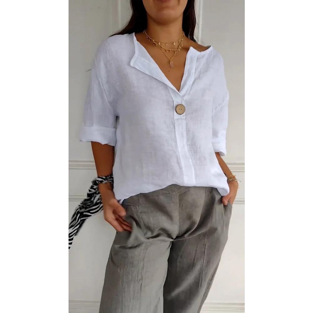 Летняя свободная футболка женская с V-образным вырезом из хлопка и льна на пуговицах