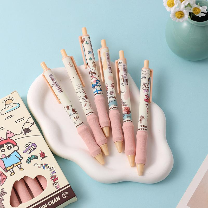 6 шт. мультяшный карандаш Shin-Chan гелевая ручка симпатичная 0,5 мм черные чернила быстросохнущие гладкие ручки для письма канцелярские принадлежности для студентов офисные принадлежности