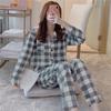 2 шт./компл., женский пижамный комплект на весну и лето, клетчатый принт с лацканами и длинными рукавами, свободный однобортный широкий комплект домашней одежды, рубашка и брюки, комплект одежды для сна