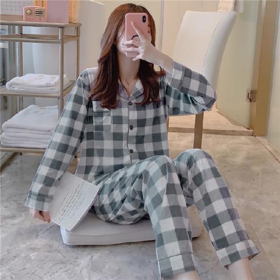 2 шт./компл., женский пижамный комплект на весну и лето, клетчатый принт с лацканами и длинными рукавами, свободный однобортный широкий комплект домашней одежды, рубашка и брюки, комплект одежды для сна