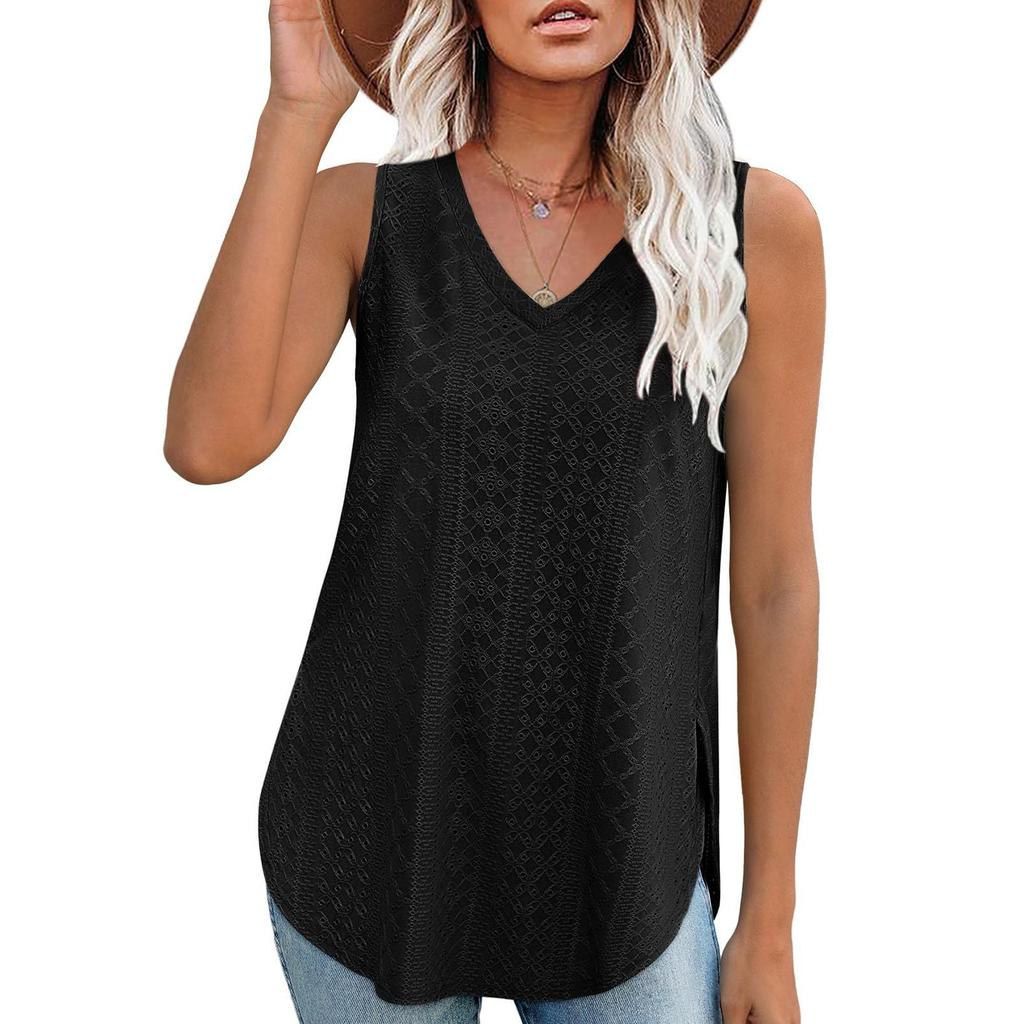 GMXIA Spring Summer V-neck Vest Sleeveless Hole Jacquard Top Casual Vest Women