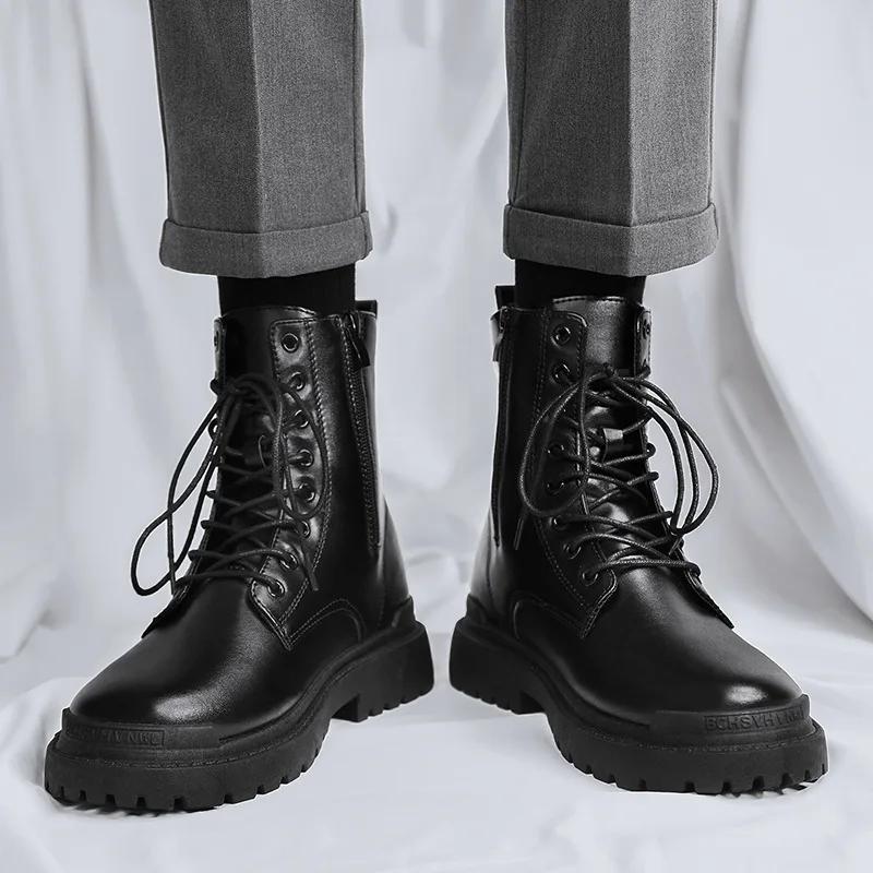 Fashion Men High Top Boots Fashion Motorcycle Boots Casual Leather Boots for Men Waterproof Work Boot Lace Up Platform Boot Botas Hombre