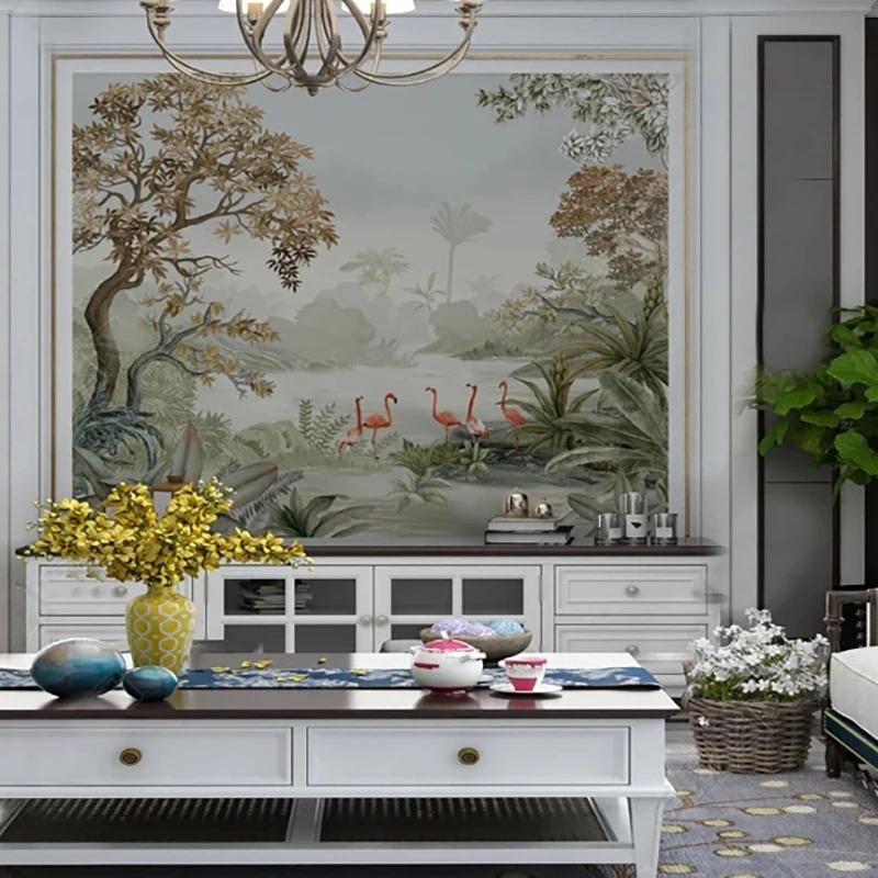 Nordic Wallpaper Tropical Forest Flamingos Mural Гостиная Спальня Диван Фон Фреска Домашний Декор