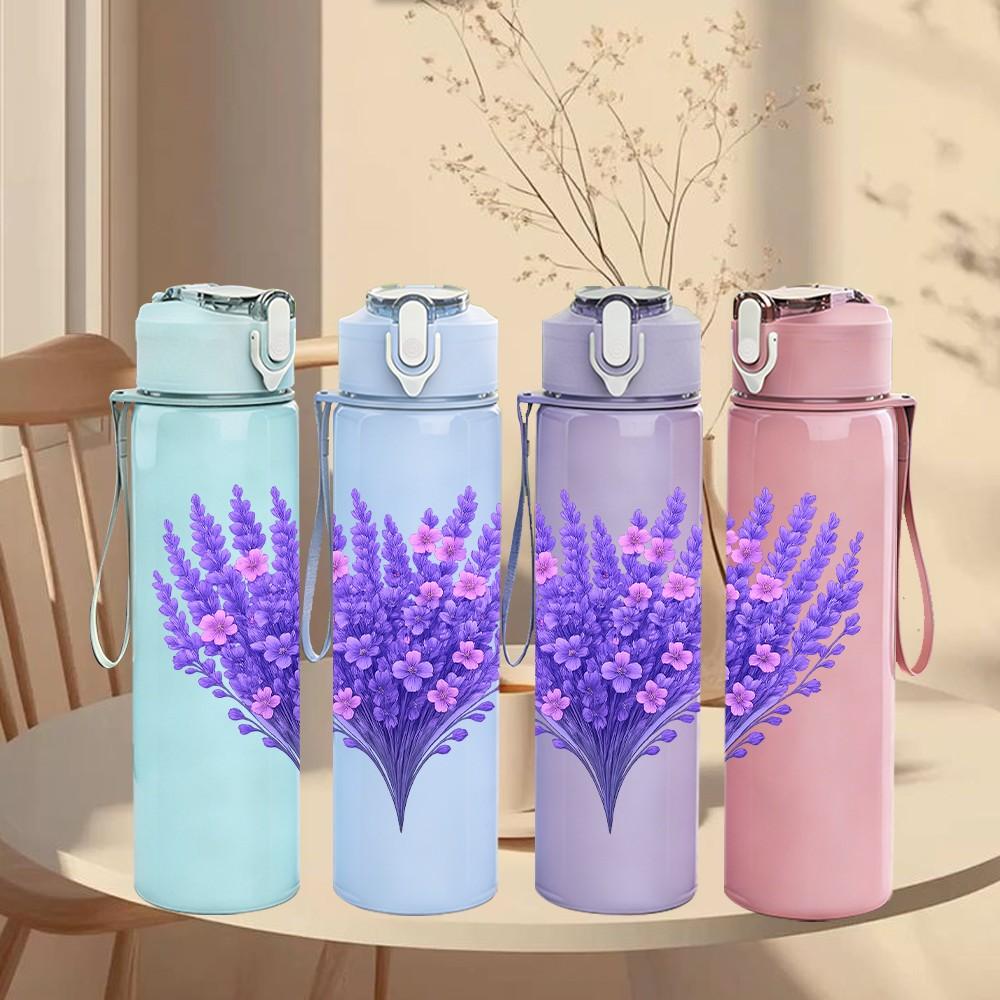 1PC Lavender Purple Flower 750ml Color Plastic Sports Water Bottle Leakproof Flip Straw Lid Suitable for Sports Office Home Use