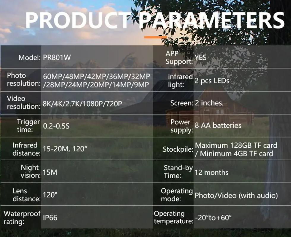 2026 8K WiFi Водонепроницаемая фотоловушка PR801W 60 МП Поддерживает просмотр через приложение для наблюдения за животными в дикой природе, ночного видения и мониторинга фермы