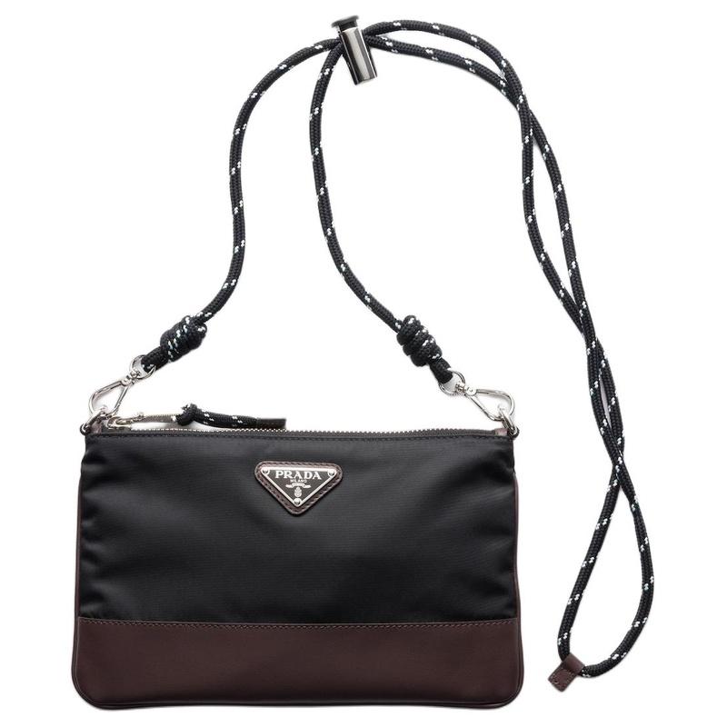 Prada shoulder bag Re-Nylon Speedrock zipper closure enamel metal triangle logo adjustable removable woven strap fabric and leather men's black