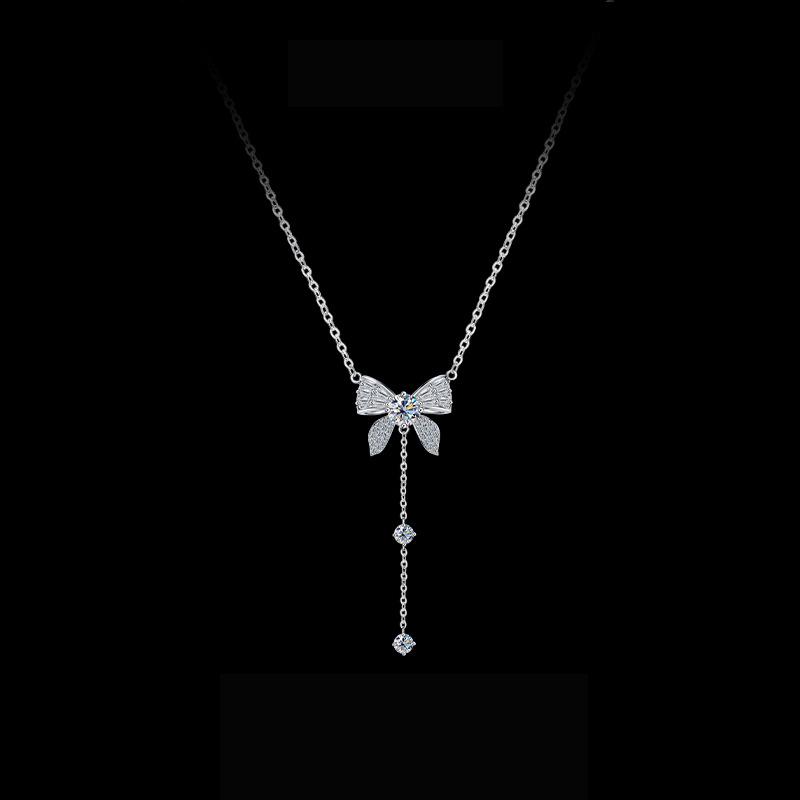 S925 Sterling Silver Bowknot Tassel Pendant Necklace with Moissanite - Women's Party Wedding Anniversary Jewelry