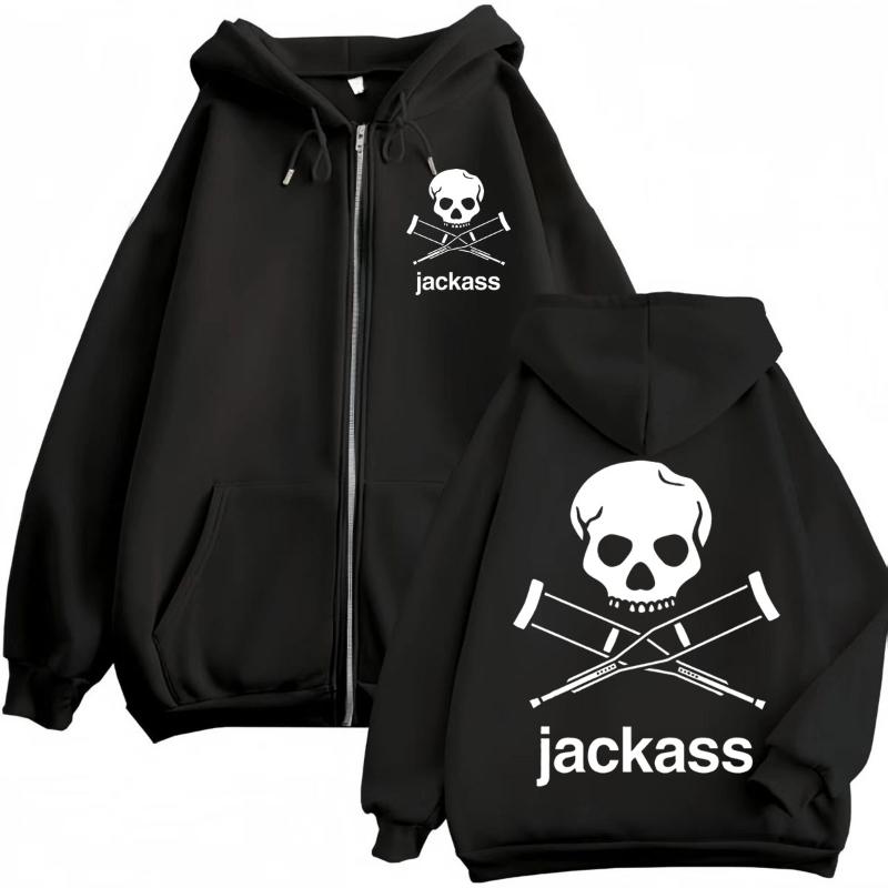 Худи на молнии с двусторонним принтом логотипа Jackass, Высококачественная модная толстовка с капюшоном на молнии, Мужская и женская повседневная оверсайз толстовка