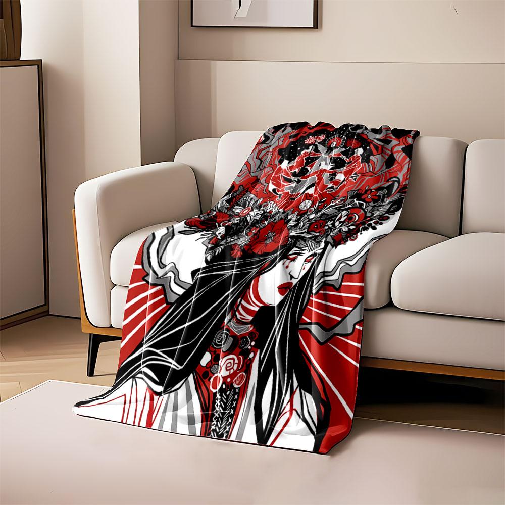 A red, black, and white illustration with flowers, a woman, and dancers. for all seasons blanket lunch break throw gift