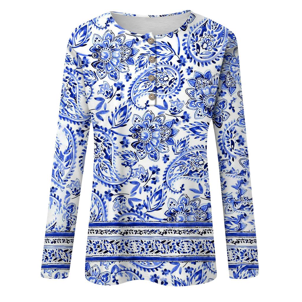 Летняя женская новая модная футболка с длинными рукавами и воротником на пуговицах, футболка с ретро-принтом, тонкий топ, повседневные топы