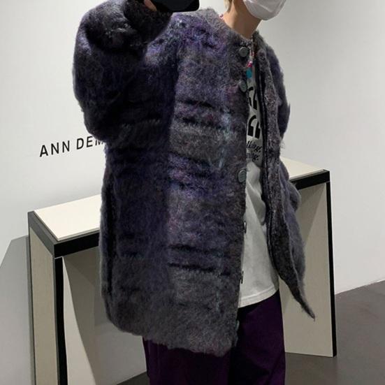 Осень-зима вязаный свитер кардиган однобортный круглый вырез ретро американский стиль толстый эластичный длинный рукав свободный теплый трикотаж повседневная одежда