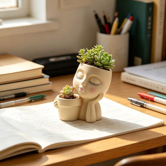 Креативная керамическая кашпо-кукла для суккулентов, Милый спящий дизайн, Горшок с двойным отверстием, Кавайный настольный декор для офисного стола, Комнатное маленькое растение