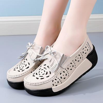 Женские мокасины на толстой подошве на платформе, повседневные летние кожаные желтые туфли, увеличивающие рост, полые дышащие туфли для мам