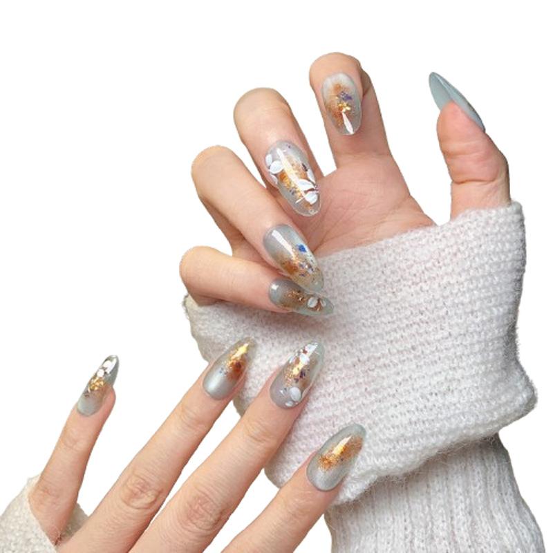 Women New‑Chinese‑Style Press‑On Nails Glass‑Bead Cat‑Eye Hand‑Painted Finished False Nail Patches