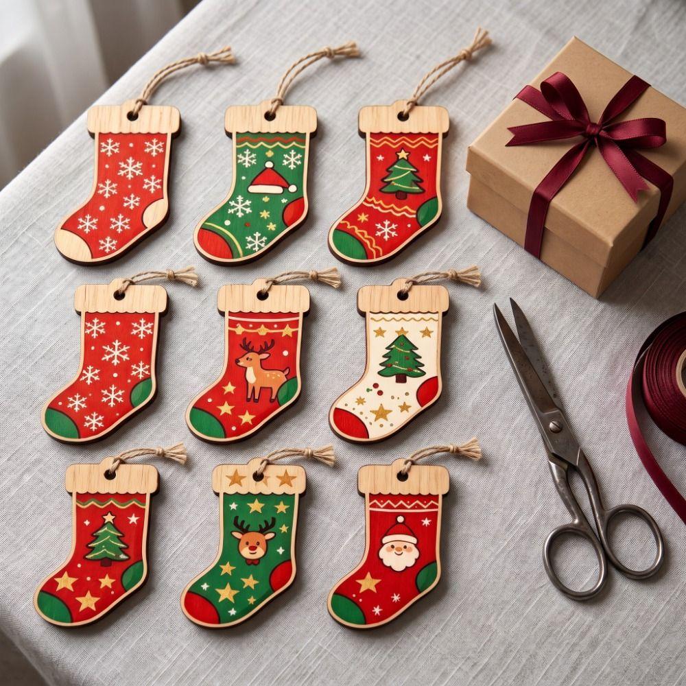9 pcs 2D Flat Christmas Tree Ornament Sock Shape Hanging Decoration Cartoon Xmas Pendant Winter