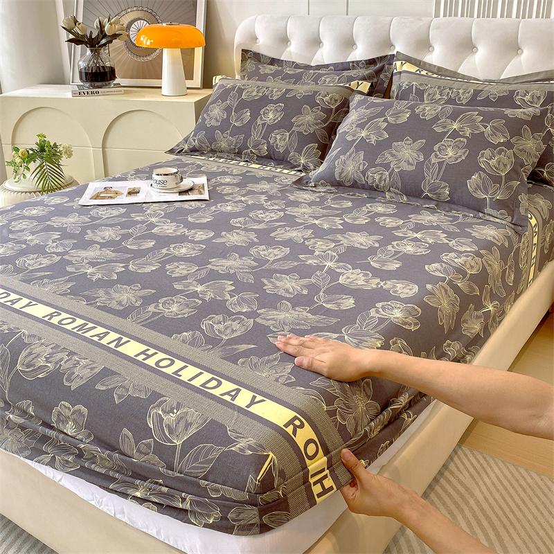 Classic Floral Pattern Fitted Sheet Set 100% Cotton Thickened Fitted Sheet Soft Skin-friendly Mattress Cover with 2 Pillowcases