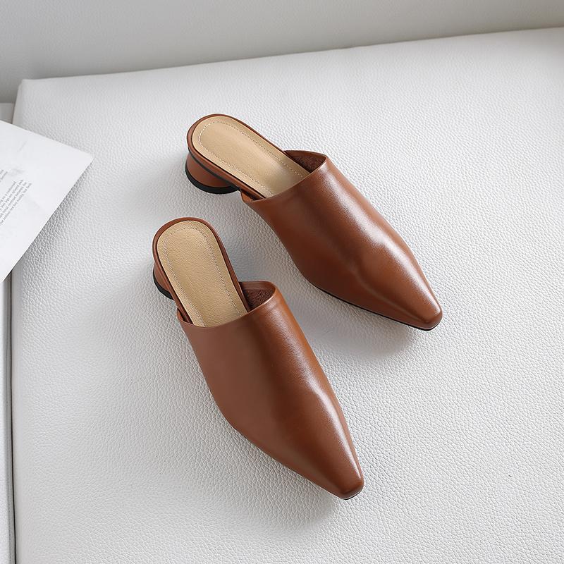 2024 Summer Women Sandals Genuine Leather Shoes for Women Pointed Toe Low Heel Women Sandals Cover Toe Chunky Heel Women's Mules