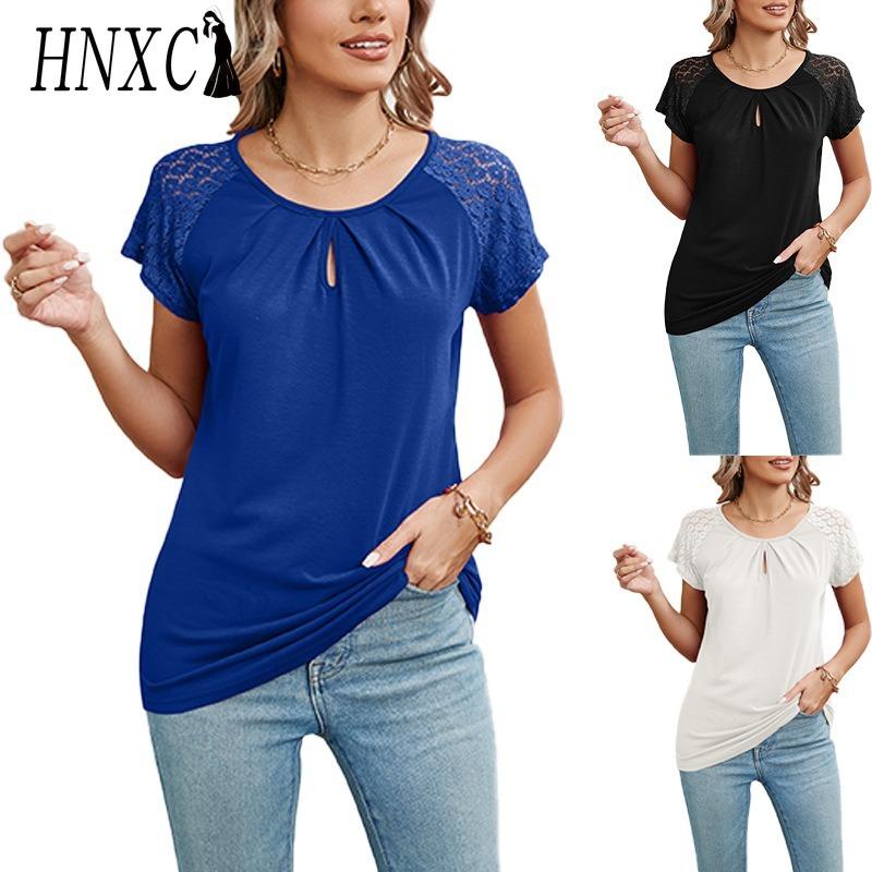 HNXC Женские модные повседневные однотонные блузки и рубашки с коротким рукавом и круглым вырезом с принтом