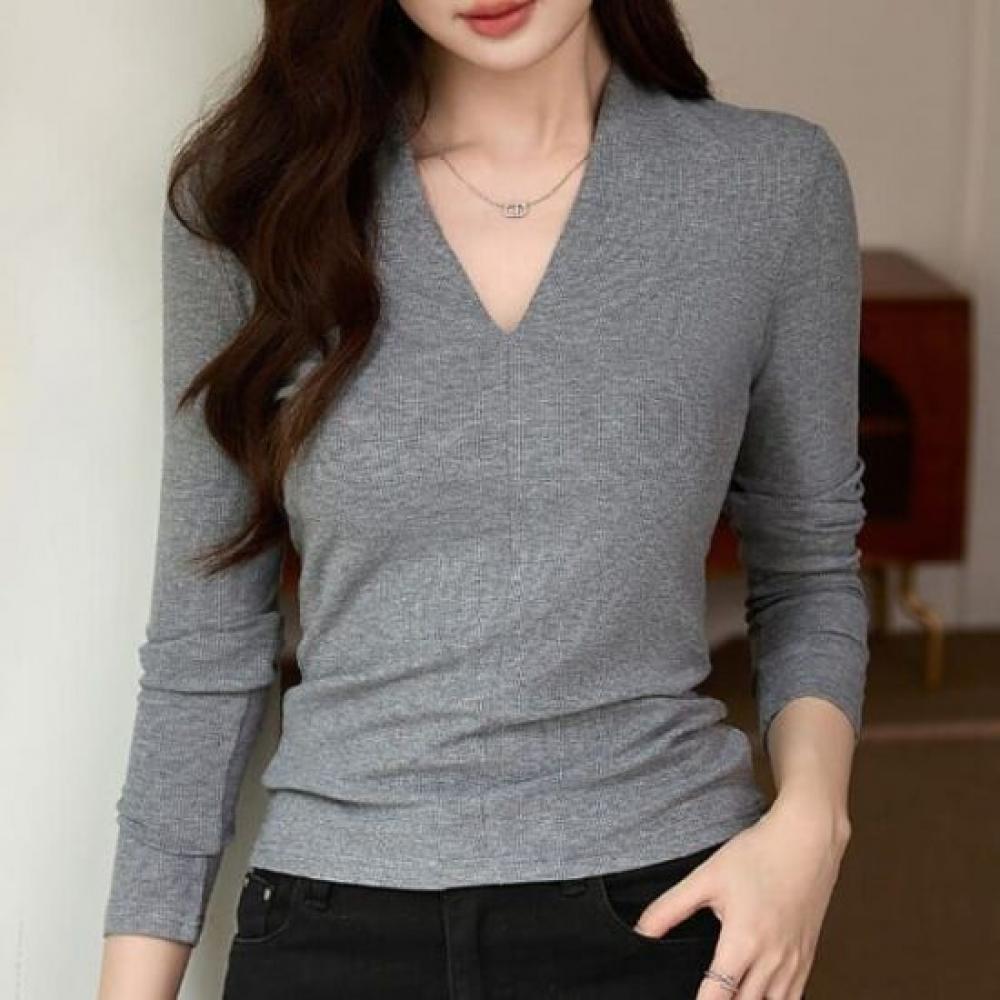 NaVaVa Slim FiT Ribbed V Neck Long sleeVe T shirT nT3057