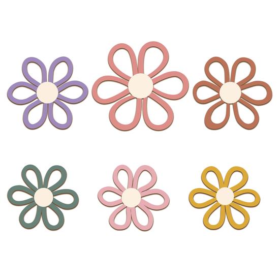 6Pcs/Set Bohemia Flower Wall Hanging Ornament Decoration Farmhouse Rustic Wooden Floral Wall Art Home Office Living Room Bedroom Wall Decoration