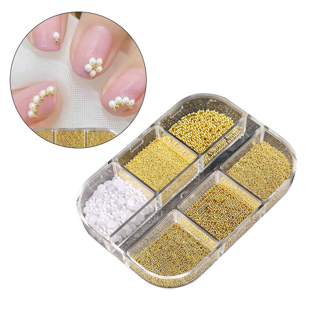6 Grids 3D Pearl Nail Charms for Acrylic Nails Steel Beads Nail Pearl Mixed Nail Art Craft DIY Nail Decorations