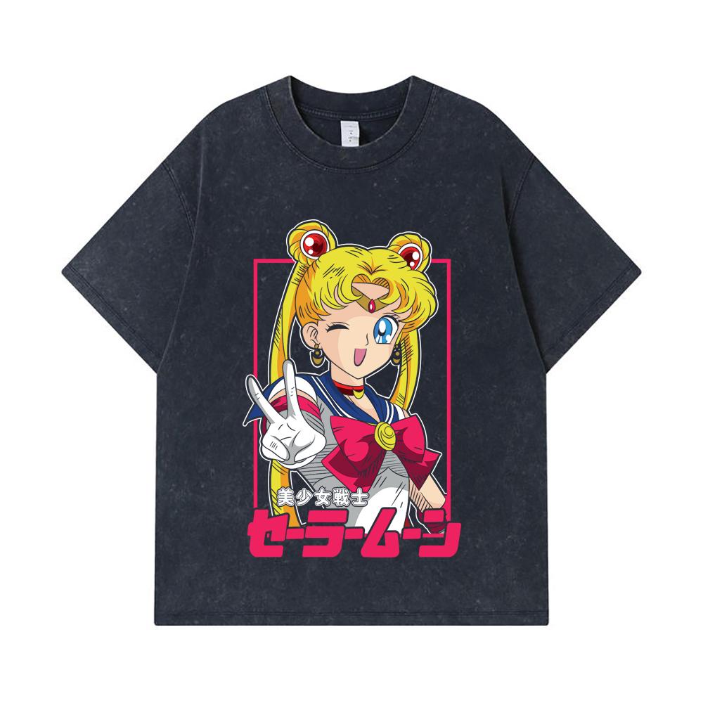Стирка Т-ширт 275 г/м² 100% Хлопок Sailor Moon V9 Принт Минако Унисекс Тяжелый Хлопок Т-футболка