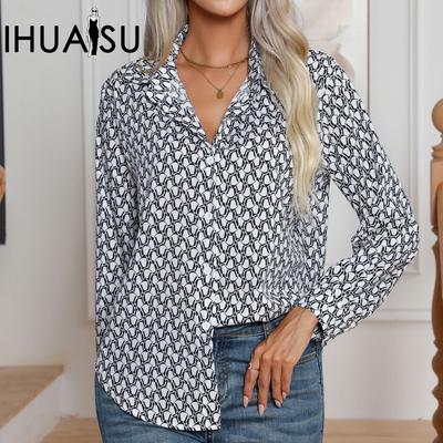 Женская осенне-зимняя модная рубашка с геометрическим принтом и длинным рукавом