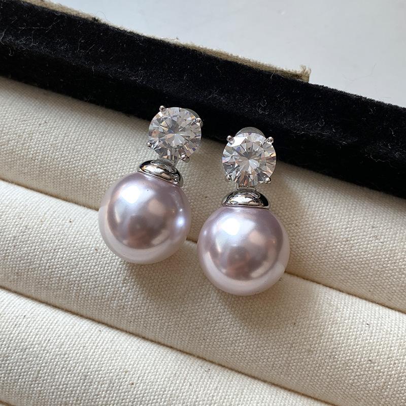 S silver needle rose purple pearl earrings women's light luxury 5A zircon stud earrings real gold electroplating new earrings