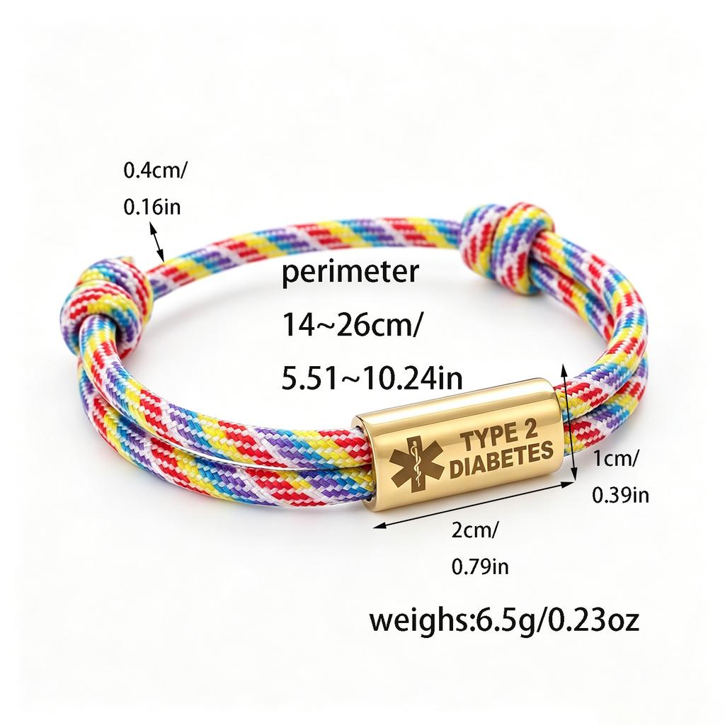 Type 2 Diabetes Bracelet Stainless Steel Engraved Bar Double Braided Nylon Rope for Men Women