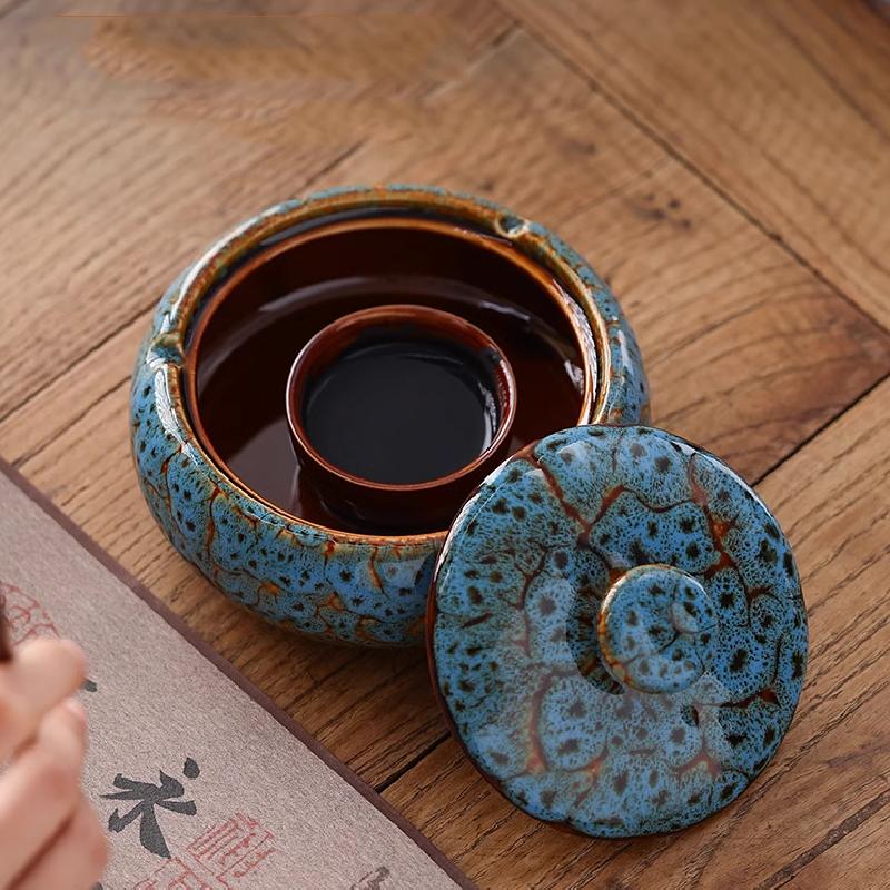 Round Ceramic Ashtray Kiln Ash Storage Box Desktop Decorative Ornaments Covered Ceramic Ashtray Modern Decorative Home Ashtray