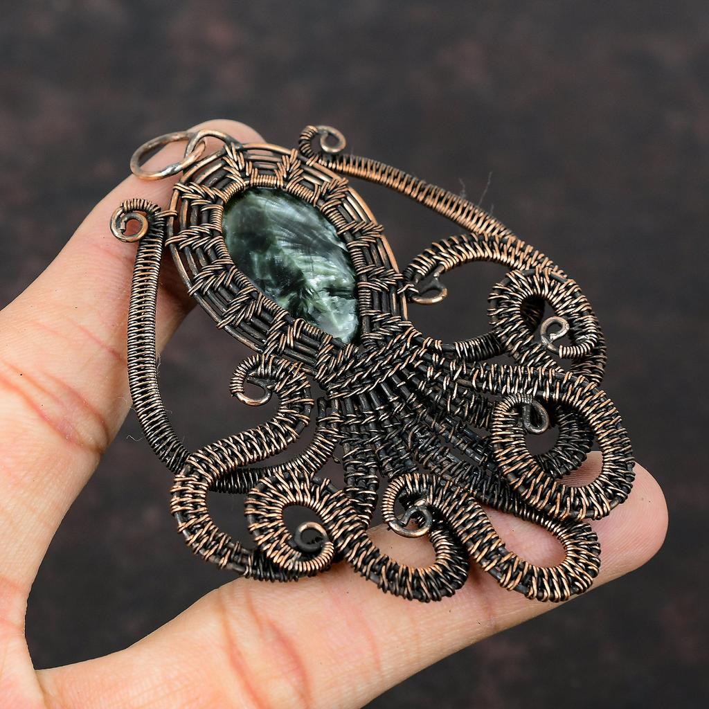 Подвеска Серафинит Подвеска, оплетенная медной проволокой Украшения из серафинита Подвеска с драгоценным камнем Украшения из меди ручной работы Подвеска Осьминог Подарок для женщин