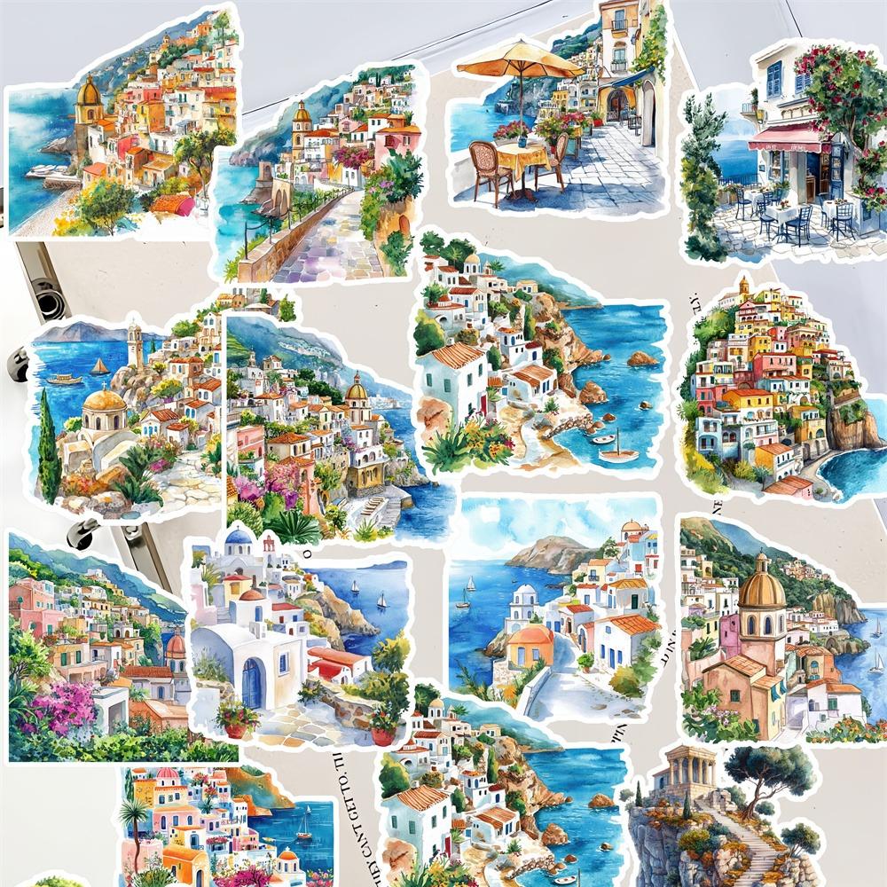 18pcs Anime Watercolor Greek island scenery Paper Stickers, for Luggage, Notebook, Diary, Album Decoration, DIY stationery